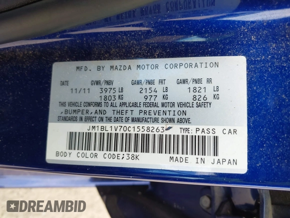 2012 Mazda Mazda3 i Touring with VIN JM1BL1V70C1558263, listed as a IAAI auction lot 41889154 with 31,161 mi miles. Bid and sale history available at carsss.com. Image 9.