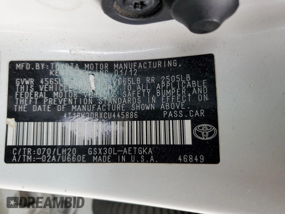 2012 Toyota Avalon with VIN 4T1BK3DBXCU445886, listed as a Copart auction lot 60411575 with 231,795 mi miles and Salvage title. Bid and sale history available at DreamBid. Image 12.