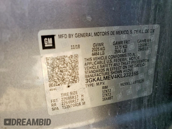 2019 GMC Terrain SLE with VIN 3GKALMEV4KL232165, listed as a Copart auction lot 58780225 with 82,117 mi miles and Salvage title. Bid and sale history available at DreamBid. Image 13.