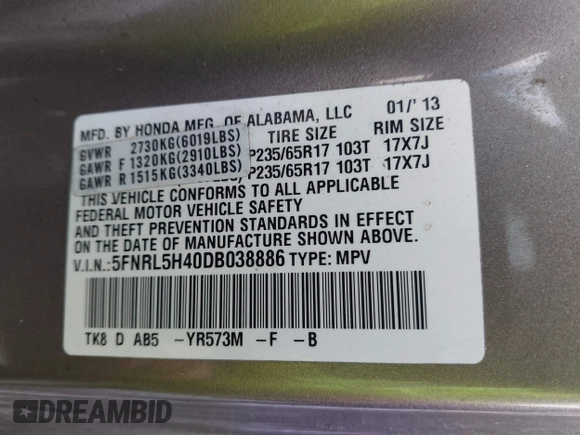 2013 Honda Odyssey EX z VIN 5FNRL5H40DB038886, wystawiony jako IAAI lot #41761738 z przebiegiem 244 107 mil mil oraz . Historia ofert i sprzedaży dostępna na DreamBid. Obrazek 9.