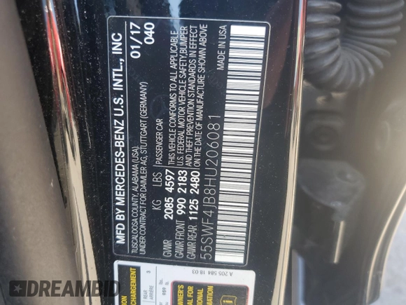 2017 Mercedes-Benz C 300 with VIN 55SWF4JB8HU206081, listed as a Copart auction lot 62146455 with Not provided miles and Clean title. Bid and sale history available at DreamBid. Image 12.
