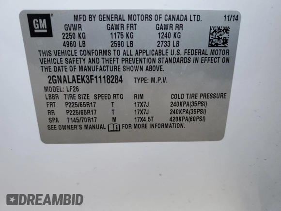 2015 Chevrolet Equinox LS with VIN 2GNALAEK3F1118284, listed as a Copart auction lot 50038275 with 140,225 mi miles and Salvage Title. Bid and sale history available at DreamBid. Image 13.