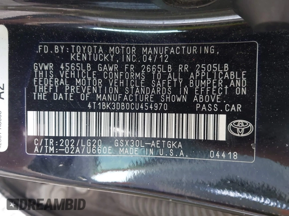 2012 Toyota Avalon with VIN 4T1BK3DB0CU454970, listed as a IAAI auction lot 42738184 with 183,746 mi miles and . Bid and sale history available at DreamBid. Image 9.