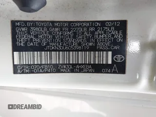 2012 Toyota Prius One with VIN JTDKN3DU6C5398119, listed as a IAAI auction lot 41891618 with 215,294 mi miles. Bid and sale history available at carsss.com. Image 9.