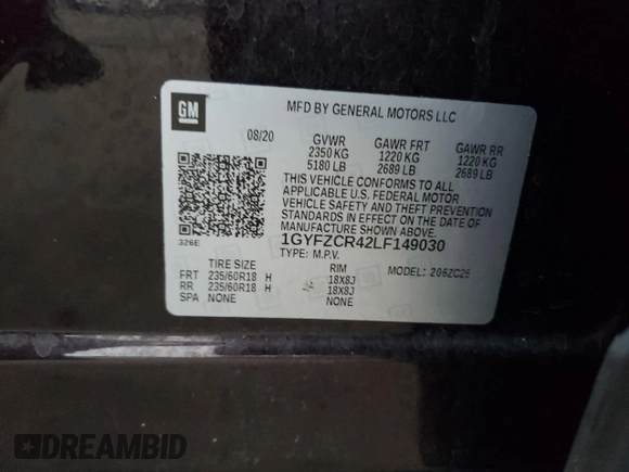 2020 Cadillac XT4 FWD Premium Luxury with VIN 1GYFZCR42LF149030, listed as a Copart auction lot 82671894 with 88,570 mi miles and Salvage title. Bid and sale history available at DreamBid. Image 14.