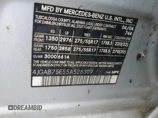 2005 Mercedes-Benz M-Class 5.0L with VIN 4JGAB75E55A526309, listed as a Copart auction lot 51478095 with 185,992 mi miles and Clean Title. Bid and sale history available at carsss.com. Image 13.