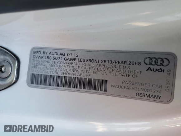 2012 Audi A5 Premium z VIN WAUCFAFH3CN007334, wystawiony jako Copart lot #73822404 z przebiegiem 51 916 mil mil oraz Szkoda całkowita • Salvage title. Historia ofert i sprzedaży dostępna na DreamBid. Obrazek 13.
