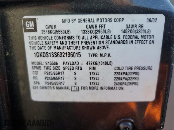 2003 GMC Envoy SLE with VIN 1GKDS13S632136015, listed as a Copart auction lot 79969194 with Not Provided miles and Clean Title. Bid and sale history available at DreamBid. Image 13.
