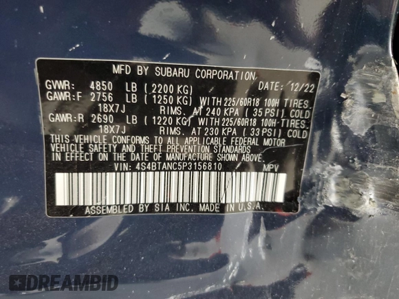 2023 Subaru Outback Limited with VIN 4S4BTANC5P3156810, listed as a Copart auction lot 54862235 with 66,231 mi miles and Salvage title. Bid and sale history available at DreamBid. Image 13.