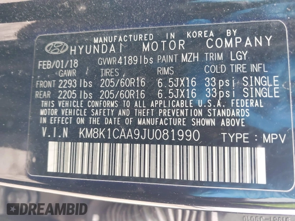 2018 Hyundai Kona SE with VIN KM8K1CAA9JU081990, listed as a IAAI auction lot 41641172 with 79,396 mi miles. Bid and sale history available at carsss.com. Image 9.