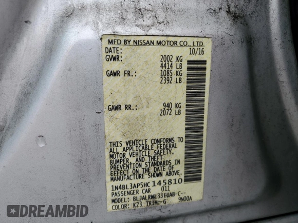 2017 Nissan Altima SR with VIN 1N4BL3AP5HC145810, listed as a Copart auction lot 50711515 with 169,150 mi miles and Salvage title. Bid and sale history available at DreamBid. Image 13.