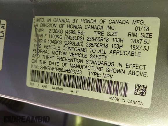2018 Honda CR-V EX-L with VIN 2HKRW1H86JH503753, listed as a IAAI auction lot 41949486 with 89,767 mi miles. Bid and sale history available at carsss.com. Image 9.