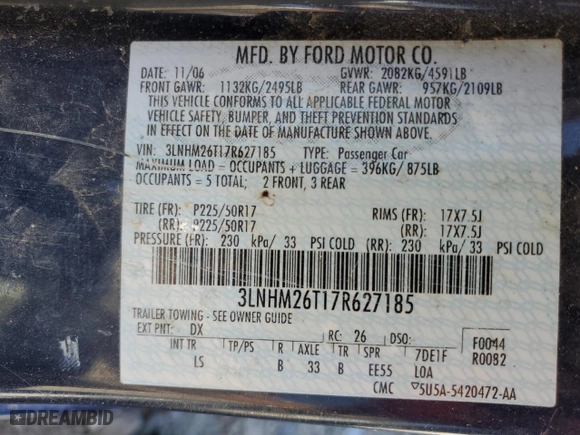 2007 Lincoln MKZ with VIN 3LNHM26T17R627185, listed as a Copart auction lot 49986005 with 102,061 mi miles and Salvage Title. Bid and sale history available at carsss.com. Image 12.