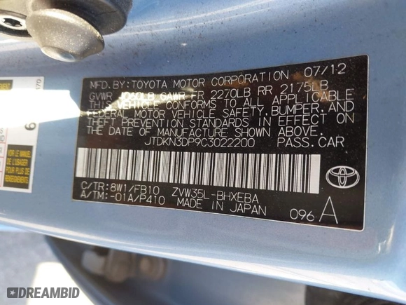 2012 Toyota Prius Plug-In with VIN JTDKN3DP9C3022200, listed as a IAAI auction lot 41968886 with 65,821 mi miles. Bid and sale history available at carsss.com. Image 9.