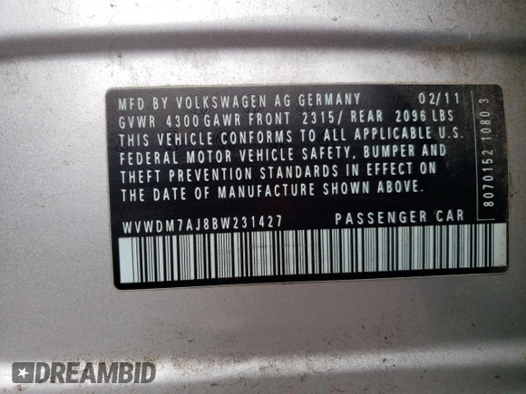 2011 Volkswagen Golf TDI with VIN WVWDM7AJ8BW231427, listed as a Copart auction lot 59007835 with 114,495 mi miles and Clean title. Bid and sale history available at DreamBid. Image 12.