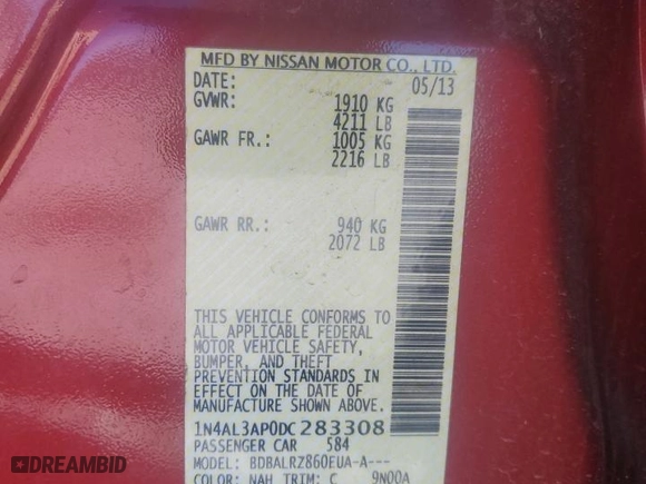 2013 Nissan Altima 2.5 SV with VIN 1N4AL3AP0DC283308, listed as a Copart auction lot 42595115 with 154,925 mi miles and Salvage Title. Bid and sale history available at carsss.com. Image 14.