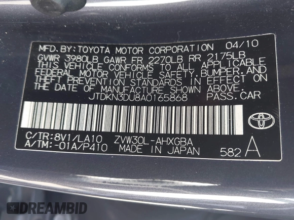 2010 Toyota Prius II with VIN JTDKN3DU8A0165868, listed as a IAAI auction lot 41860926 with 148,827 mi miles. Bid and sale history available at carsss.com. Image 9.