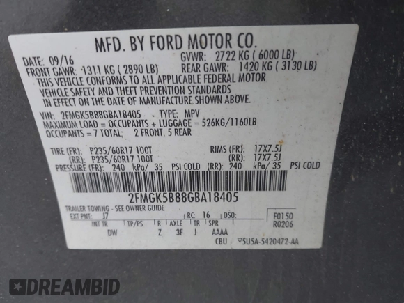 2016 Ford Flex SE with VIN 2FMGK5B88GBA18405, listed as a IAAI auction lot 40764055 with 285,137 mi miles. Bid and sale history available at carsss.com. Image 9.