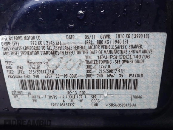 2012 Ford Focus SEL with VIN 1FAHP3H20CL149796, listed as a IAAI auction lot 41895850 with 144,668 mi miles. Bid and sale history available at carsss.com. Image 9.