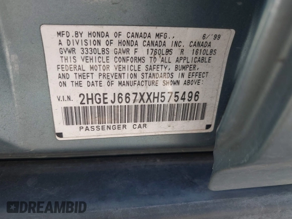 1999 Honda Civic LX z VIN 2HGEJ667XXH575496, wystawiony jako IAAI lot #42372107 z przebiegiem 175 154 mil mil oraz . Historia ofert i sprzedaży dostępna na DreamBid. Obrazek 9.