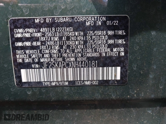 2022 Subaru Forester Limited с VIN JF2SKAPCXNH440181, выставлен на аукционе IAAI как лот 41831681 с пробегом Не указан миль и . История ставок и продаж доступна на DreamBid. Изображение 9.