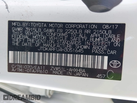 2017 Toyota Prius Two with VIN JTDKARFU4H3051645, listed as a IAAI auction lot 41991804 with 301,338 mi miles. Bid and sale history available at carsss.com. Image 9.