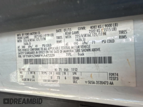 2015 Ford Transit Cargo with VIN 1FTNR1ZM6FKA47229, listed as a Copart auction lot 61978315 with 227,678 mi miles and Clean title. Bid and sale history available at DreamBid. Image 10.