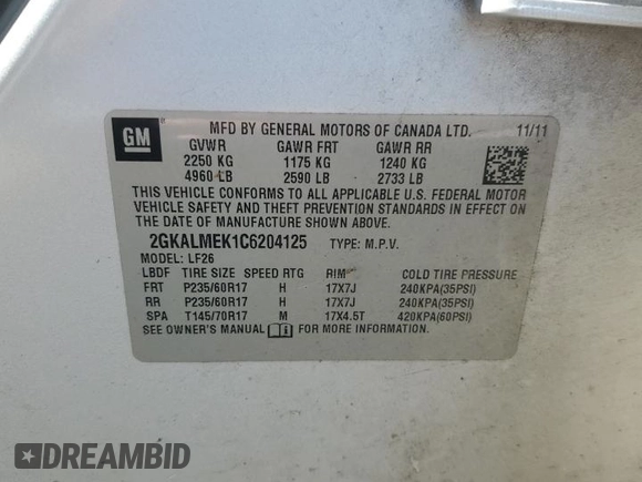2012 GMC Terrain SLE-1 z VIN 2GKALMEK1C6204125, wystawiony jako Copart lot #61437285 z przebiegiem 192 115 mil mil oraz Szkoda całkowita • Salvage title. Historia ofert i sprzedaży dostępna na DreamBid. Obrazek 13.