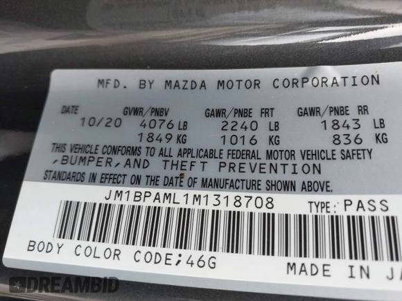 2021 Mazda 3 Premium z VIN JM1BPAML1M1318708, wystawiony jako IAAI lot #42178243 z przebiegiem 62 455 mil mil oraz . Historia ofert i sprzedaży dostępna na DreamBid. Obrazek 9.
