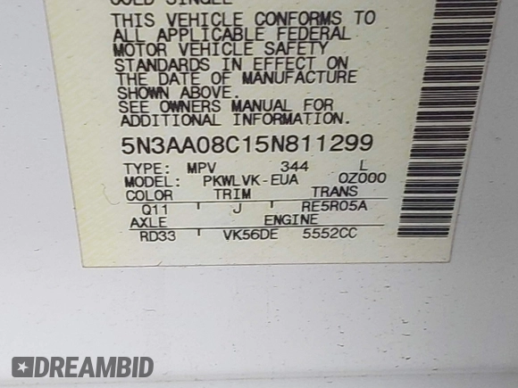 2005 Infiniti QX56 with VIN 5N3AA08C15N811299, listed as a IAAI auction lot 39389869 with 1 mi miles. Bid and sale history available at carsss.com. Image 9.