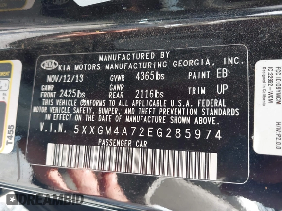 2014 Kia Optima LX with VIN 5XXGM4A72EG285974, listed as a IAAI auction lot 42667984 with 232,863 mi miles and . Bid and sale history available at DreamBid. Image 9.