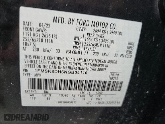 2022 Ford Explorer XLT с VIN 1FMSK8DH6NGB04116, выставлен на аукционе IAAI как лот 42733885 с пробегом 108 197 миль миль и . История ставок и продаж доступна на DreamBid. Изображение 16.