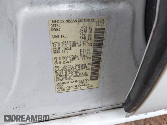 2016 Nissan Frontier S with VIN 1N6AD0ER8GN903359, listed as a IAAI auction lot 41097312 with 76,520 mi miles and . Bid and sale history available at DreamBid. Image 9.