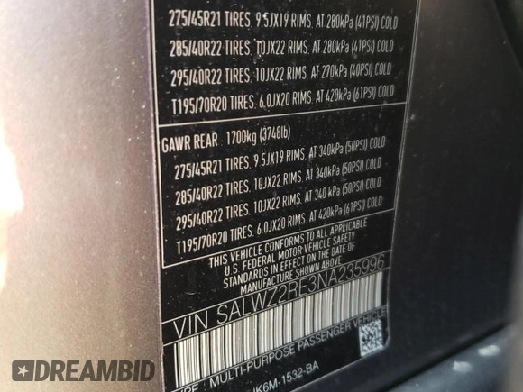 2022 Land Rover Range Rover Sport SVR z VIN SALWZ2RE3NA235996, wystawiony jako Copart lot #54360975 z przebiegiem 27 303 mil mil oraz Szkody całkowita. Historia ofert i sprzedaży dostępna na DreamBid. Obrazek 13.