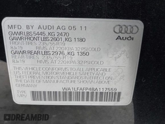 2011 Audi Q5 Premium Plus z VIN WA1LFAFP4BA117559, wystawiony jako IAAI lot #41727671 z przebiegiem 164 135 mil mil oraz . Historia ofert i sprzedaży dostępna na DreamBid. Obrazek 9.