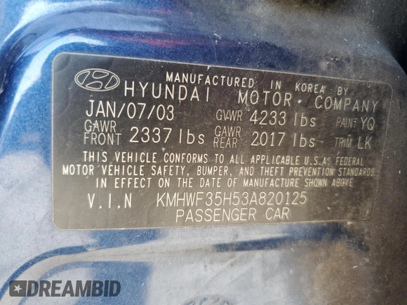 2003 Hyundai Sonata GLS with VIN KMHWF35H53A820125, listed as a Copart auction lot 70974184 with 173,622 mi miles and Salvage Title. Bid and sale history available at carsss.com. Image 12.