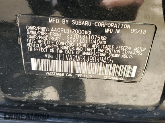 2018 Subaru WRX STI with VIN JF1VA2M64J9839455, listed as a Copart auction lot 60698505 with Not provided miles and Salvage title. Bid and sale history available at DreamBid. Image 12.
