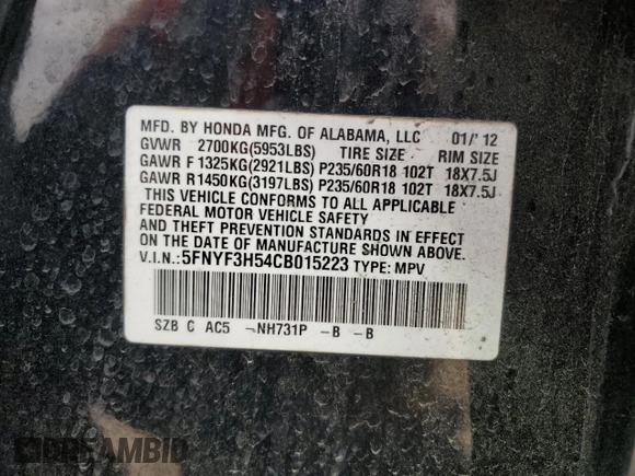 2012 Honda Pilot EX-L with VIN 5FNYF3H54CB015223, listed as a Copart auction lot 53782635 with 148,983 mi miles and Salvage title. Bid and sale history available at DreamBid. Image 14.