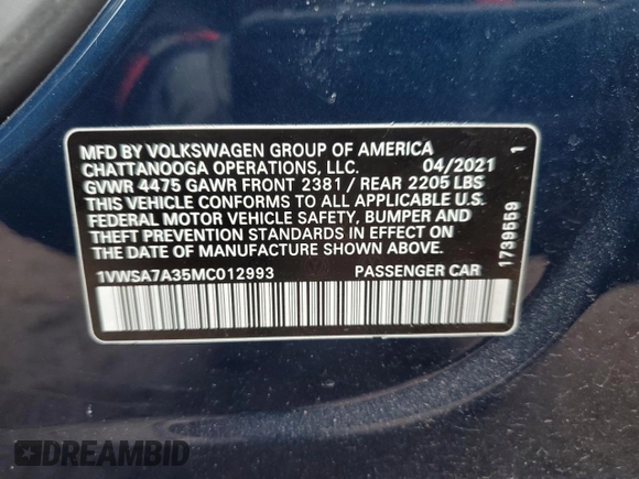 2021 Volkswagen Passat SE with VIN 1VWSA7A35MC012993, listed as a Copart auction lot 49927025 with 35,540 mi miles and Salvage title. Bid and sale history available at DreamBid. Image 13.