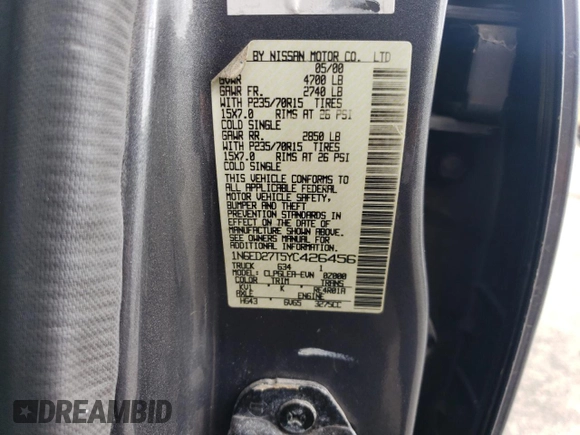 2000 Nissan Frontier XE with VIN 1N6ED27T5YC426456, listed as a Copart auction lot 54411425 with 117,600 mi miles and Salvage title. Bid and sale history available at DreamBid. Image 12.