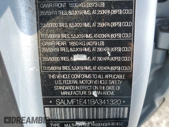 2011 Land Rover Range Rover SC with VIN SALMF1E41BA341320, listed as a Copart auction lot 57415705 with 139,038 mi miles and Salvage title. Bid and sale history available at DreamBid. Image 12.