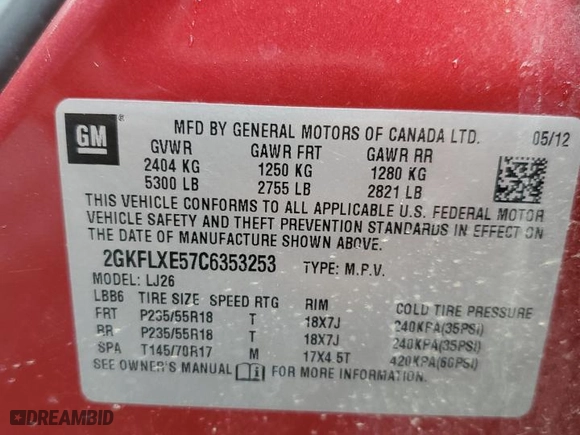 2012 GMC Terrain SLT-2 with VIN 2GKFLXE57C6353253, listed as a Copart auction lot 52789005 with 0 mi miles and Salvage Title. Bid and sale history available at carsss.com. Image 13.