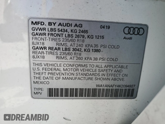 2019 Audi Q5 Premium with VIN WA1ANAFY4K2094927, listed as a Copart auction lot 53795045 with 61,342 mi miles and Non repairable. Bid and sale history available at DreamBid. Image 13.