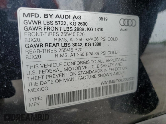 2020 Audi SQ5 Premium Plus with VIN WA1B4BFYXL2002721, listed as a Copart auction lot 54178255 with 61,051 mi miles and Salvage Title. Bid and sale history available at DreamBid. Image 14.