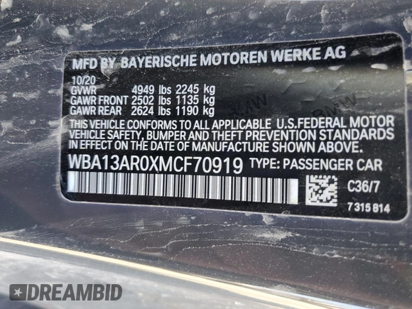 2021 BMW 4 Series M440i xDrive with VIN WBA13AR0XMCF70919, listed as a Copart auction lot 67749524 with Not Provided miles and Non Repairable. Bid and sale history available at DreamBid. Image 14.