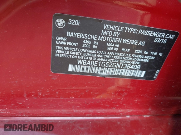 2016 BMW 3 Series 320i with VIN WBA8E1G52GNT38408, listed as a IAAI auction lot 41716438 with 50,207 mi miles and . Bid and sale history available at carsss.com. Image 9.