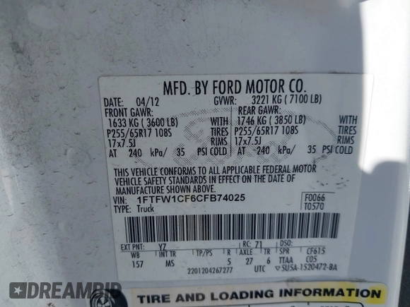 2012 Ford F-150 XL with VIN 1FTFW1CF6CFB74025, listed as a IAAI auction lot 42126700 with 258,539 mi miles. Bid and sale history available at carsss.com. Image 9.