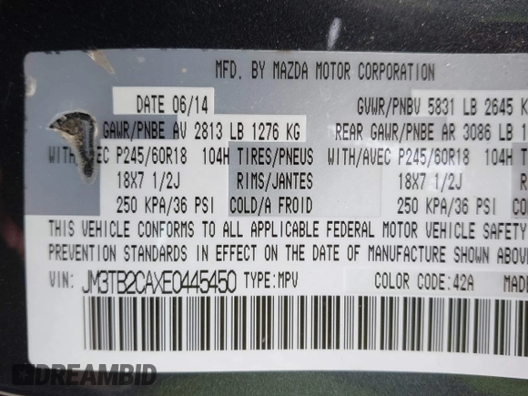 2014 Mazda CX-9 Touring z VIN JM3TB2CAXE0445450, wystawiony jako IAAI lot #42477260 z przebiegiem 139 583 mil mil oraz . Historia ofert i sprzedaży dostępna na DreamBid. Obrazek 9.