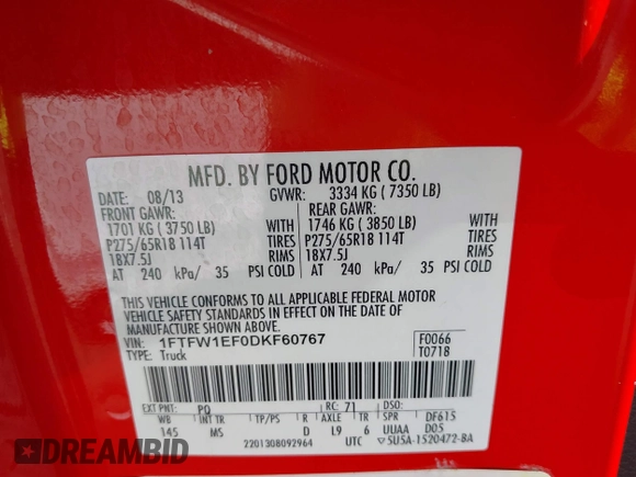 2013 Ford F-150 XL with VIN 1FTFW1EF0DKF60767, listed as a IAAI auction lot 41809576 with 120,946 mi miles. Bid and sale history available at carsss.com. Image 9.
