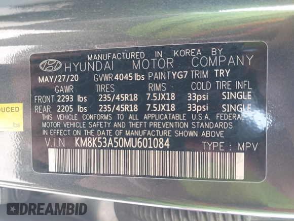 2021 Hyundai Kona Ultimate with VIN KM8K53A50MU601084, listed as a IAAI auction lot 41900099 with 56,171 mi miles. Bid and sale history available at carsss.com. Image 9.